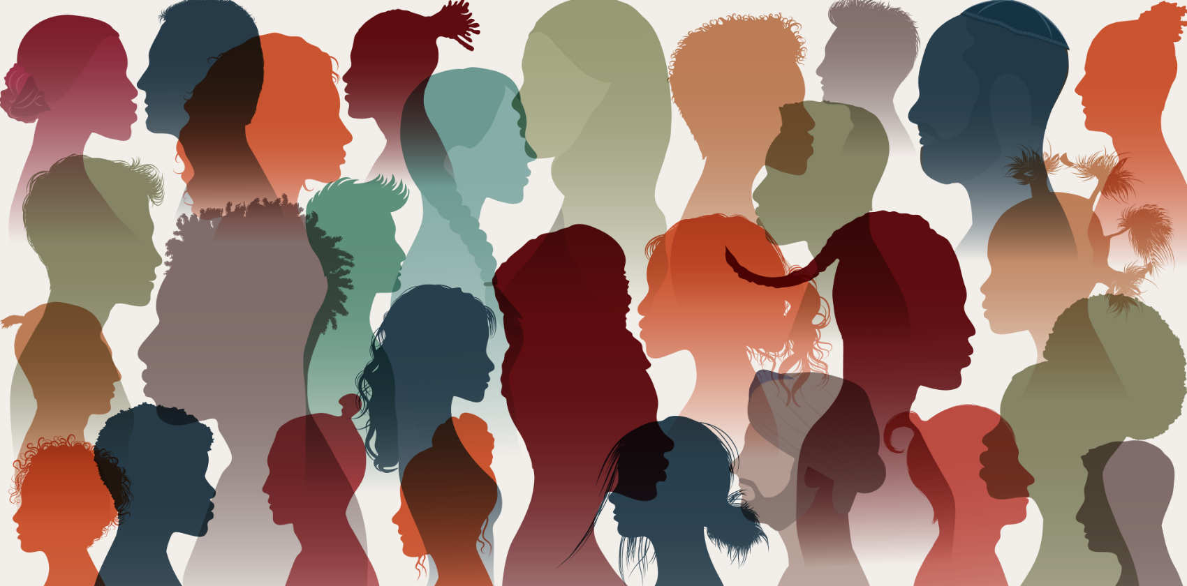 An abstract graphic of silhouettes of different people in a variety of earth toned colors